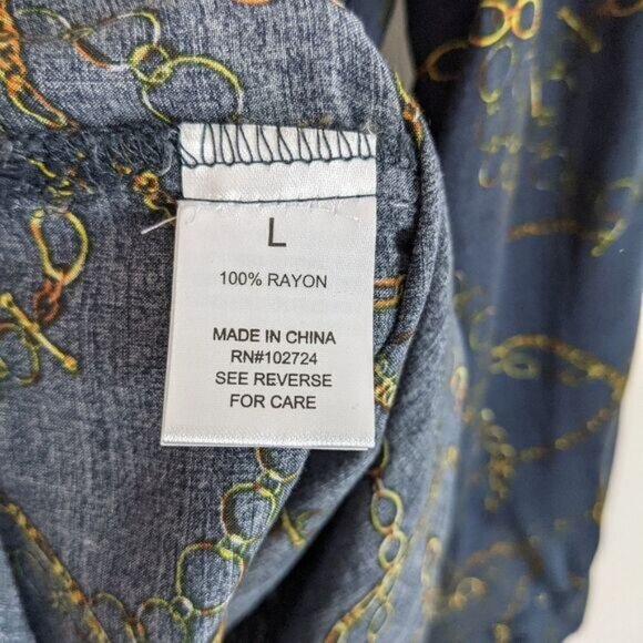 GRAND & GREENE chain print Navy blouse button down shirt adjustable sleeves L @P - Picture 11 of 14